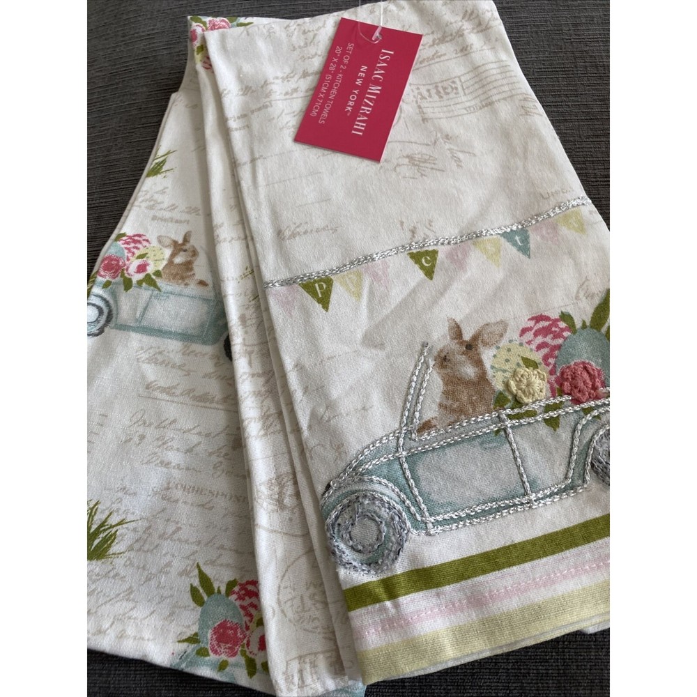 Isaac Mizrahi Easter Kitchen Tea Towels Bunny Floral Embroidered Set of 2 New